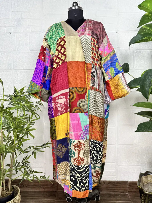 Vintage Earthy Boho Duster Long Patchwork Kimono | Oversized Recycle Silk Flowy Bathrobe | Gift For Her