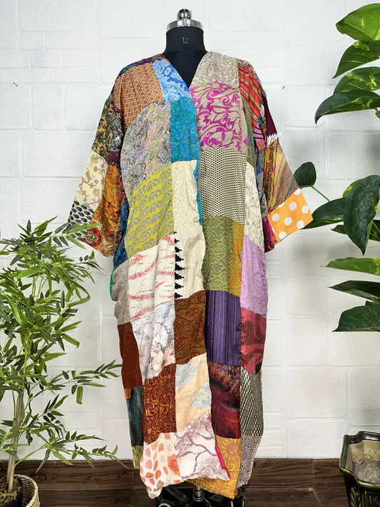 Vintage Earthy Boho Duster Long Patchwork Kimono | Oversized Recycle Silk Flowy Bathrobe | Gift For Her