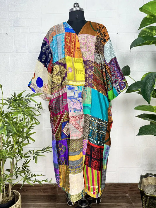 Vintage Earthy Boho Duster Long Patchwork Kimono | Oversized Recycle Silk Flowy Bathrobe | Gift For Her