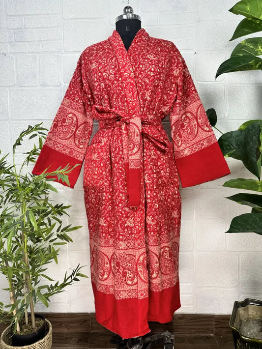 Kimono/Robe unisexe en mélange de laine de yak avec diamants géométriques | Luxueux imprimé floral urbain beige rouge sarcelle | Cadeau de Noël chaleureux et hygge pour elle et lui