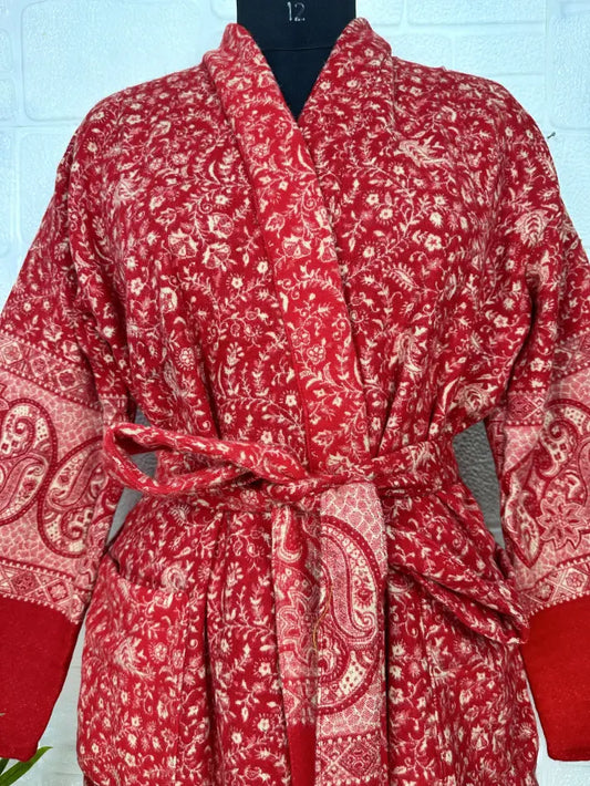 Kimono/Robe unisexe en mélange de laine de yak avec diamants géométriques | Luxueux imprimé floral urbain beige rouge sarcelle | Cadeau de Noël chaleureux et hygge pour elle et lui