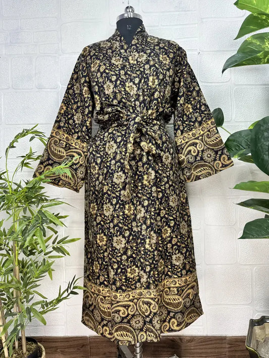 Unisex-Kimono/Robe aus Yakwollmischung mit geometrischen Rauten | Luxuriöser urbaner Blumendruck in Beige, Rot und Blaugrün | Warmes Hygge-Weihnachtsgeschenk für Sie und Ihn