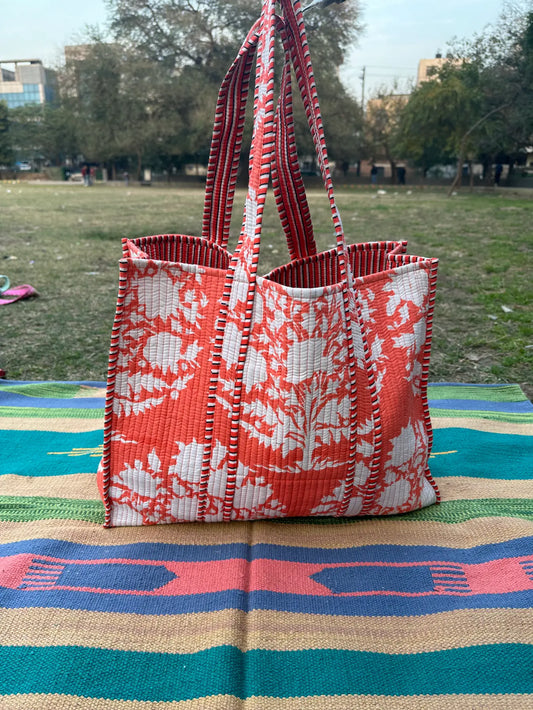 Quilted Cotton Extra Large Tote Bag, Reversible Weekender Shoulder Bag, Eco Friendly Sturdy Grocery Shopping Orange White