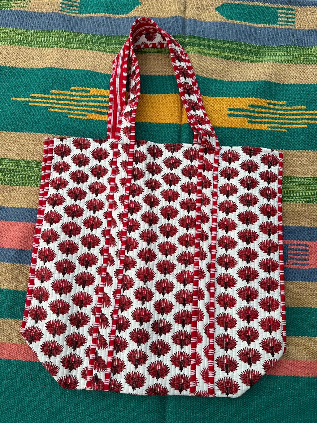 reversible Cotton Tote Bag in red white floral