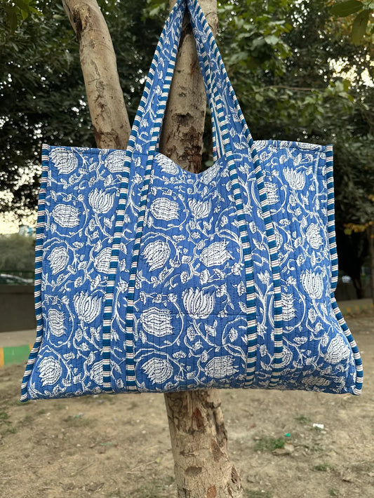 Quilted Cotton Extra Large Tote Bag, Reversible Weekender Shoulder Bag, Eco Friendly Sturdy Grocery Shopping Vibrant Blue White Lotus