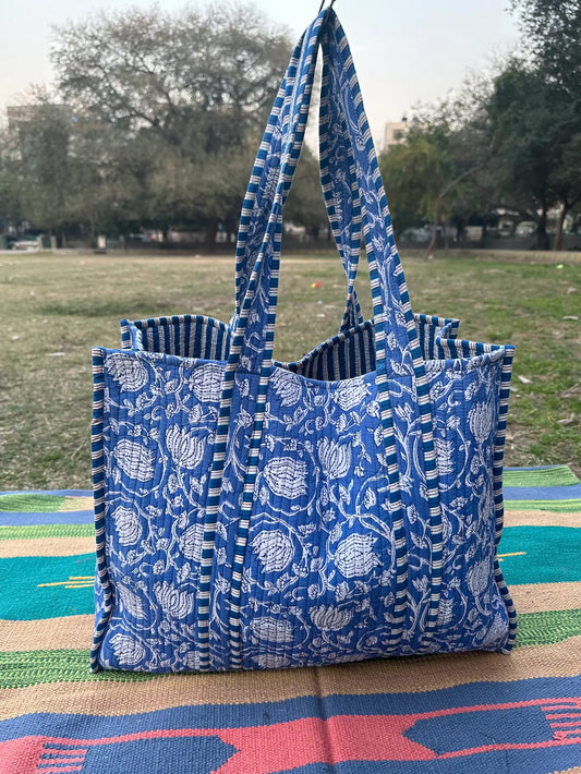 Quilted Cotton Extra Large Tote Bag, Reversible Weekender Shoulder Bag, Eco Friendly Sturdy Grocery Shopping Vibrant Blue White Lotus