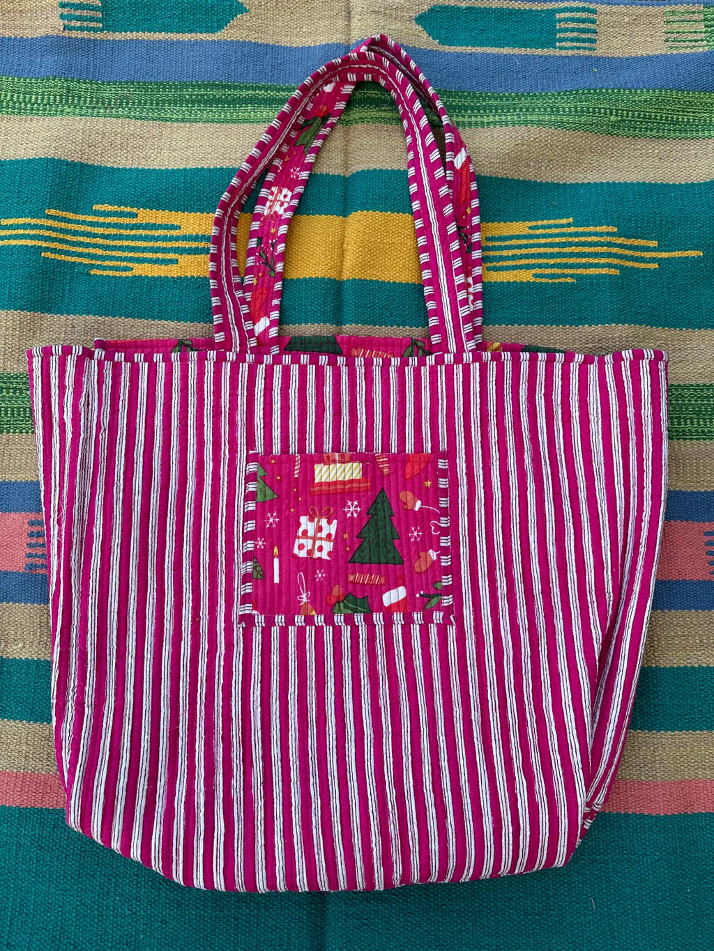Quilted Cotton Extra Large Tote Bag, Reversible Weekender Shoulder Bag, Eco Friendly Sturdy Grocery Shopping Vibrant Pink Green Christmas Bag