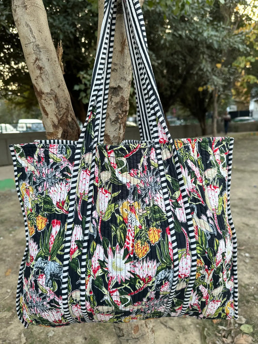 Quilted Cotton Extra Large Tote Bag, Reversible Weekender Shoulder Bag, Eco Friendly Sturdy Grocery Shopping Vibrant Mid Night Botanical Garden