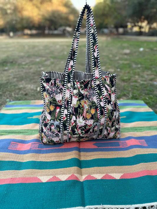 Quilted Cotton Extra Large Tote Bag, Reversible Weekender Shoulder Bag, Eco Friendly Sturdy Grocery Shopping Vibrant Mid Night Botanical Garden