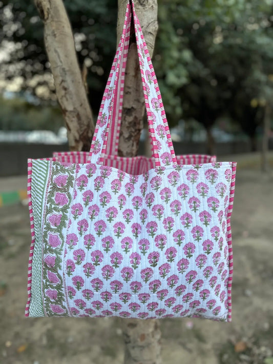 Quilted Cotton Extra Large Tote Bag, Reversible Weekender Shoulder Bag, Eco Friendly Sturdy Grocery Shopping Vibrant Mid Night Pink White