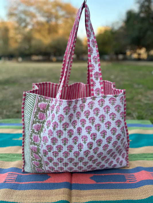 Quilted Cotton Extra Large Tote Bag, Reversible Weekender Shoulder Bag, Eco Friendly Sturdy Grocery Shopping Vibrant Mid Night Pink White