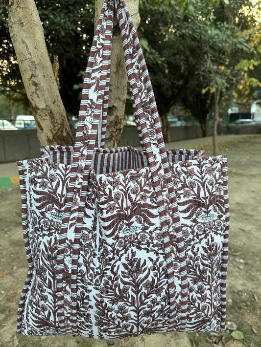 Quilted Cotton Extra Large Tote Bag, Reversible Weekender Shoulder Bag, Eco Friendly Sturdy Grocery Shopping Vibrant Brown White