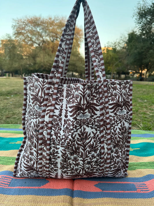 Quilted Cotton Extra Large Tote Bag, Reversible Weekender Shoulder Bag, Eco Friendly Sturdy Grocery Shopping Vibrant Brown White