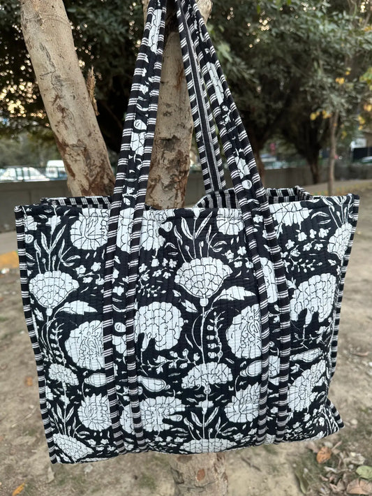 Quilted Cotton Extra Large Tote Bag, Reversible Weekender Shoulder Bag, Eco Friendly Sturdy Grocery Shopping Deep Black White