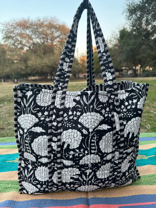 Quilted Cotton Extra Large Tote Bag, Reversible Weekender Shoulder Bag, Eco Friendly Sturdy Grocery Shopping Deep Black White