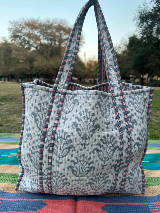 Quilted Cotton Extra Large Tote Bag, Reversible Weekender Shoulder Bag, Eco Friendly Sturdy Grocery Shopping White Gray Motif