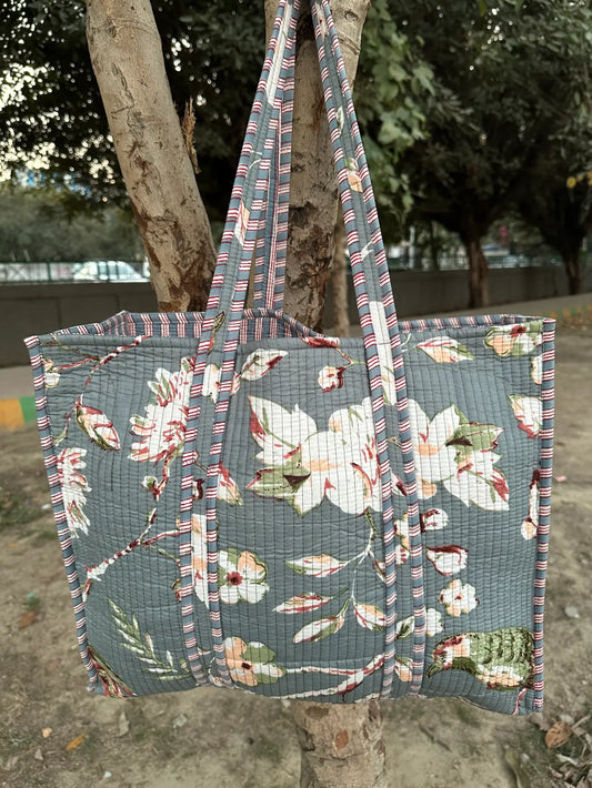 Quilted Cotton Extra Large Tote Bag, Reversible Weekender Shoulder Bag, Eco Friendly Sturdy Grocery Shopping White Gray Floral