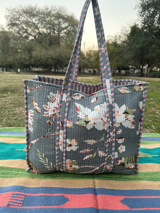 Quilted Cotton Extra Large Tote Bag, Reversible Weekender Shoulder Bag, Eco Friendly Sturdy Grocery Shopping White Gray Floral