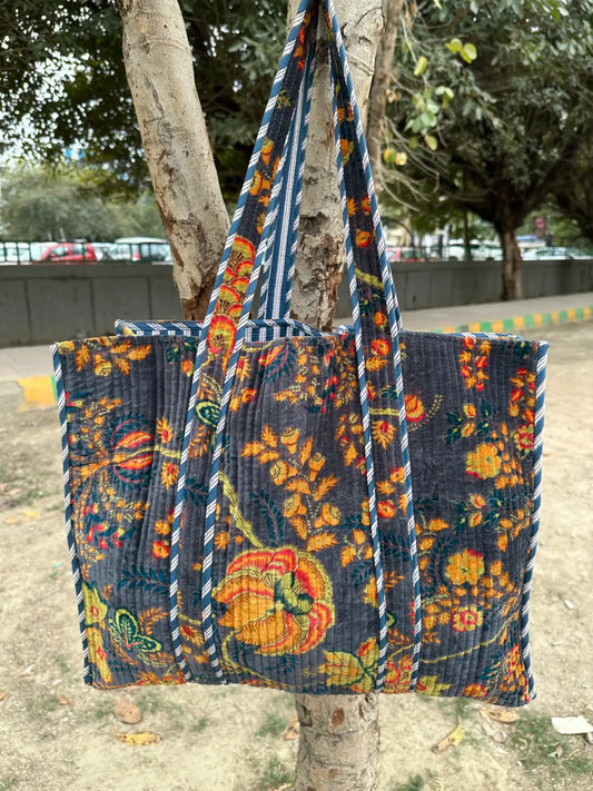 Boho Tote Bag Large Reversible Quilted Velvet Cotton | Beach Weekend Bag Eco friendly Sustainable Sturdy Grocery Shopping Ochre