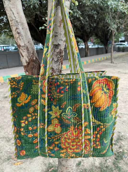 Boho Tote Bag Large Reversible Quilted Velvet Cotton | Beach Weekend Bag Eco friendly Sustainable Sturdy Grocery Shopping Ochre