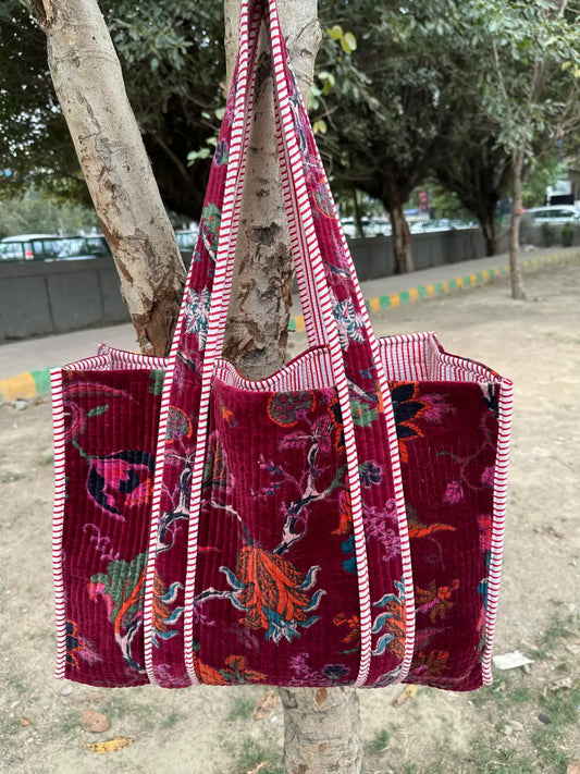 Boho Tote Bag Large Reversible Quilted Velvet Cotton | Beach Weekend Bag Eco friendly Sustainable Sturdy Grocery Shopping Ochre