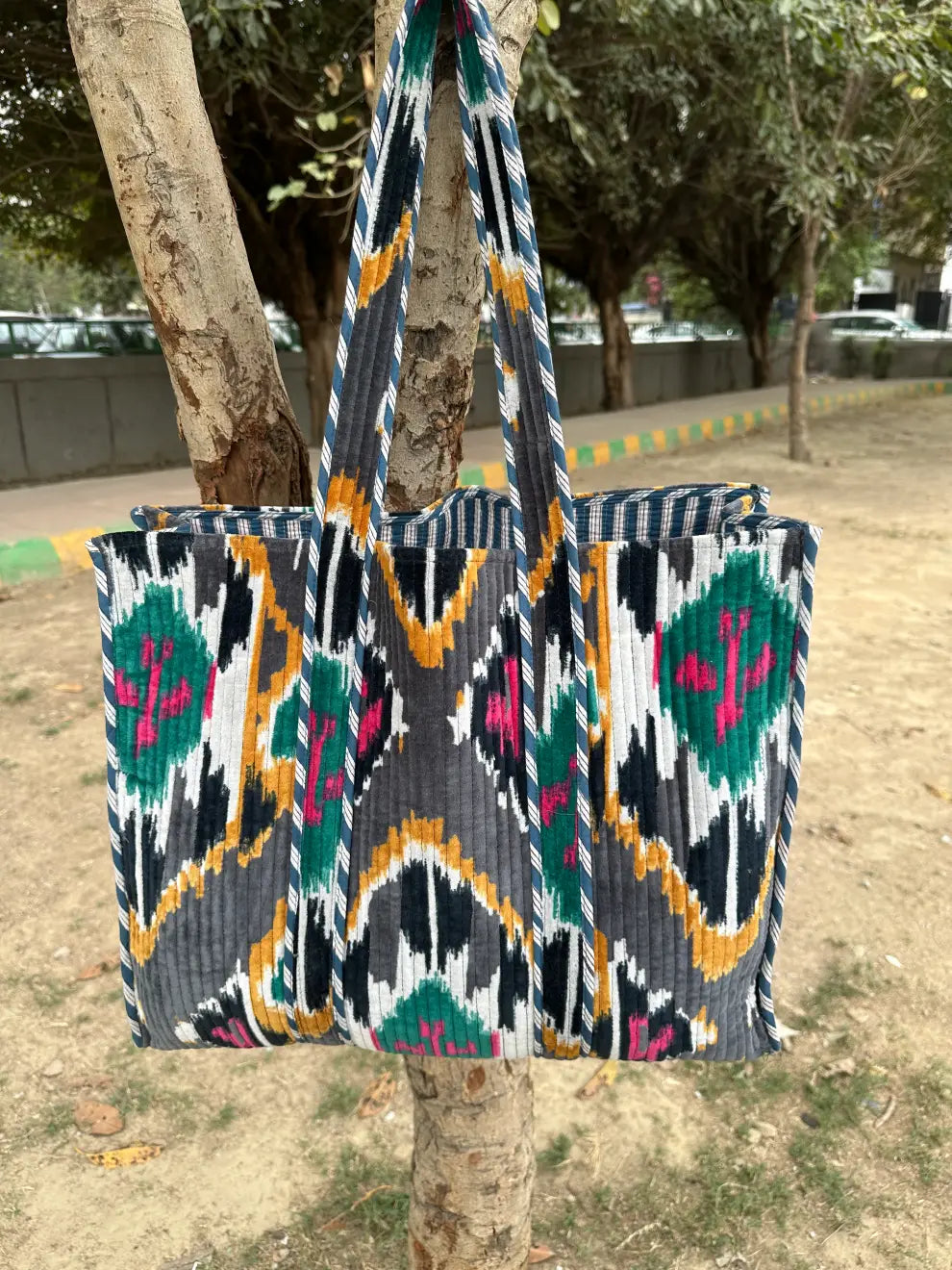 reversible Velvet & Cotton Tote Bag in ochre