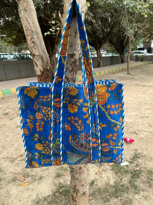 Boho Tote Bag Large Reversible Quilted Velvet Cotton | Beach Weekend Bag Eco friendly Sustainable Sturdy Grocery Shopping Ochre