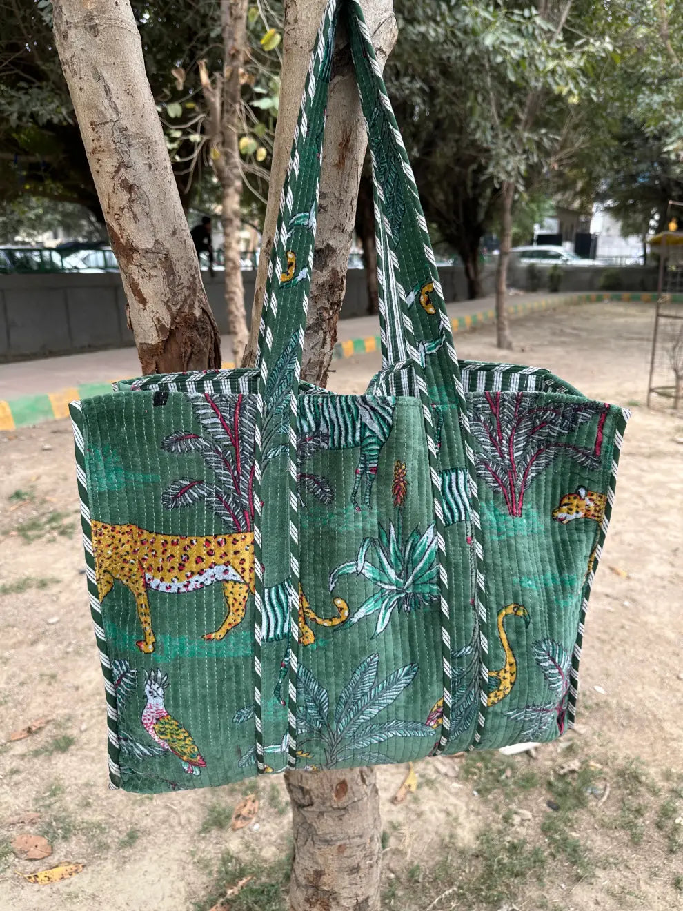 reversible Velvet & Cotton Tote Bag in ochre