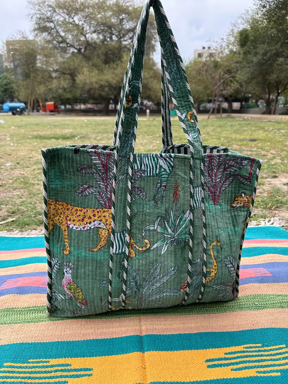 reversible Velvet & Cotton Tote Bag in ochre