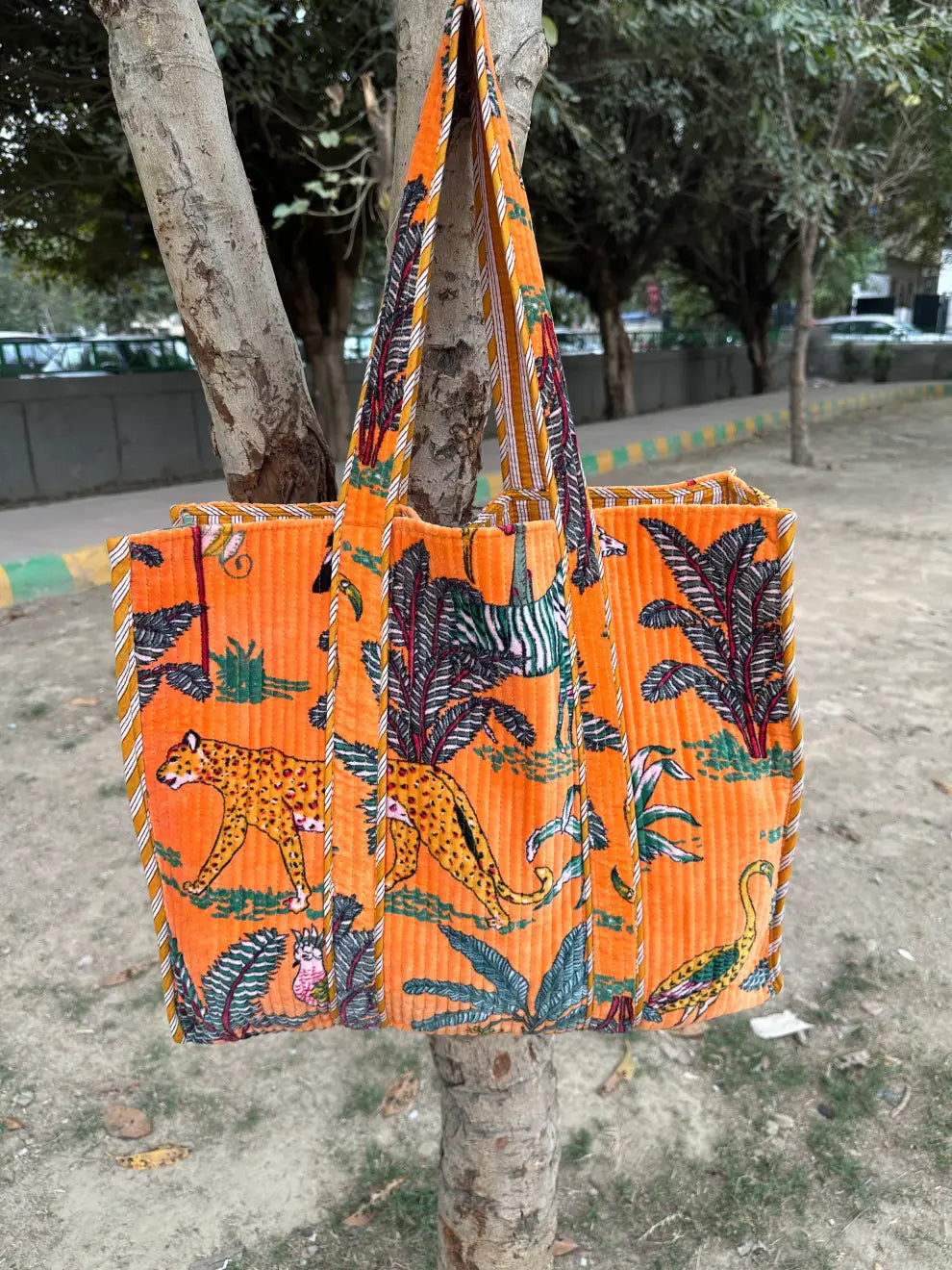 reversible Velvet & Cotton Tote Bag in ochre