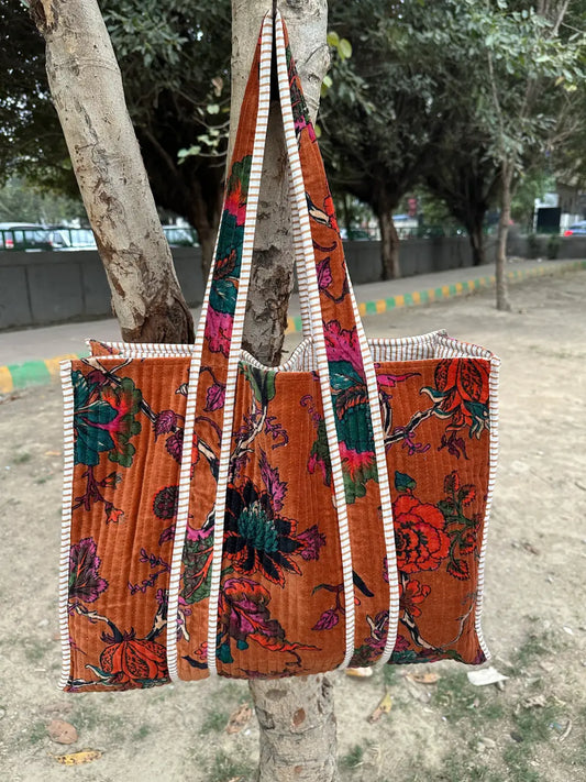 Boho Tote Bag Large Reversible Quilted Velvet Cotton | Beach Weekend Bag Eco friendly Sustainable Sturdy Grocery Shopping Ochre