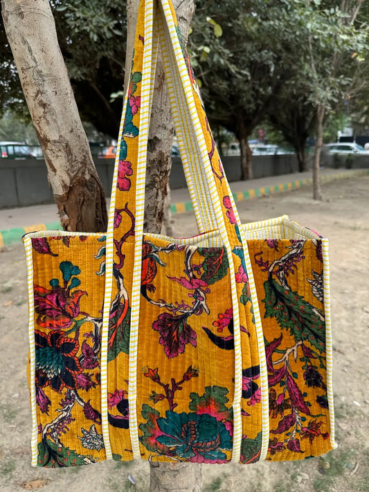 Boho Tote Bag Large Reversible Quilted Velvet Cotton | Beach Weekend Bag Eco friendly Sustainable Sturdy Grocery Shopping Ochre