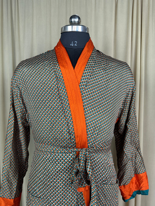 Silky Soft Men’s Kimono Robe Masculine Elegant Classic Sustainable Vintage House Robe gift, Timeless Comfy Lounge Beach Wear Beige Geometric