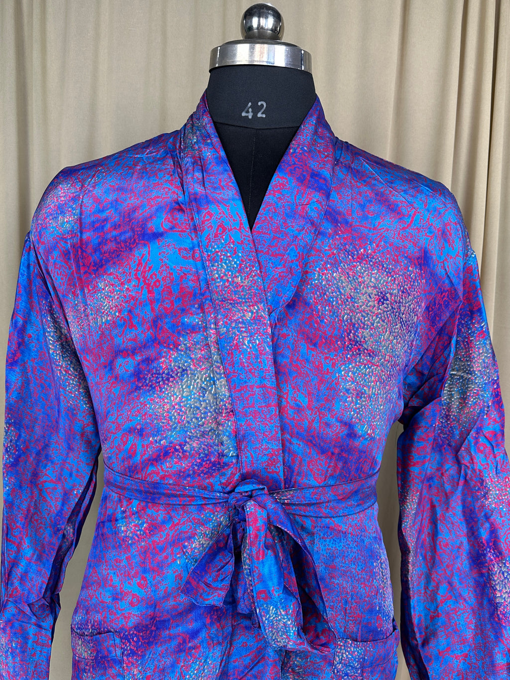 Men's Silky Kimono Robe in blue geometric