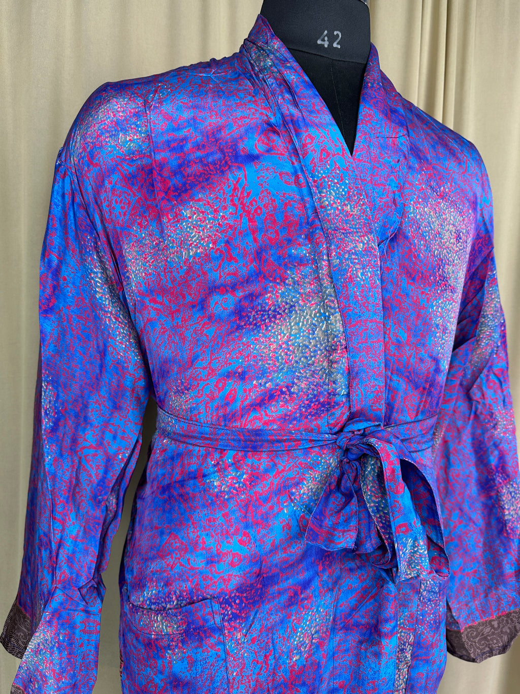 Men's Silky Kimono Robe in blue geometric