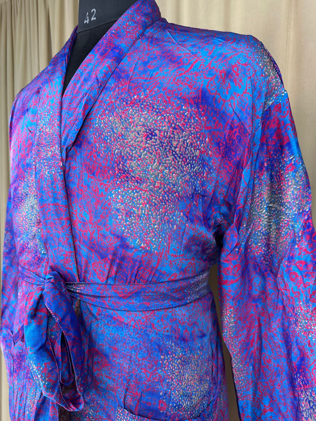 Men's Silky Kimono Robe in blue geometric