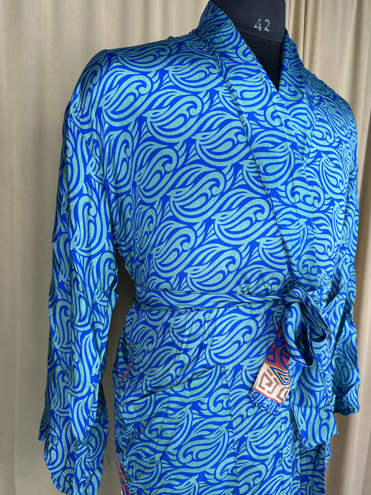 Men's Silky Kimono Robe in blue geometric