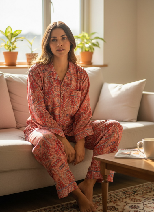 Silk Blend Women Pyjama Set | Silky Soft Cozy Breathable Bridal Nightwear, Paisley Pattern With Pockets, Bridesmaids PJ, Unique Gift For Her