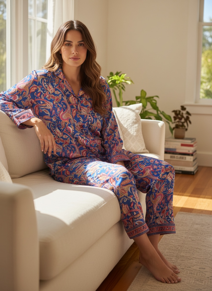 Women's Silk Blend Pajama Set in paisley with pockets