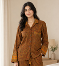 Recycled Sari Silk Blend Nightsuit, Short Sleeve Pajama Set with Side Pockets, Handmade Boho Sleepwear, Relaxed Fit, Gift for Her