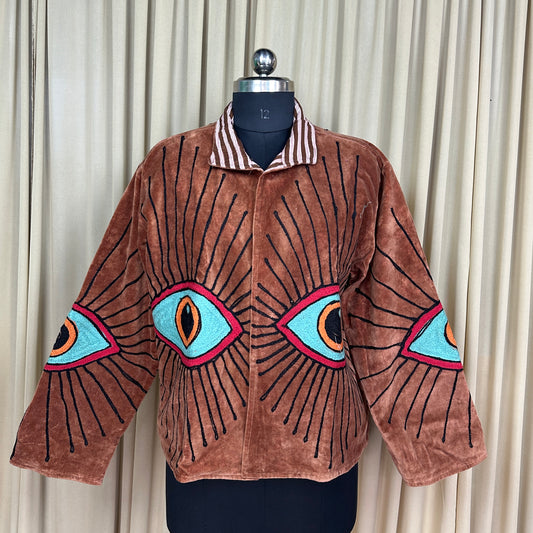 Boho Hand Embroidered Velvet Suzani Jacket | Brown Geometric Open Front Coat Winter Wear Free Size Retro Chic Free Size Robe Blazer for Her