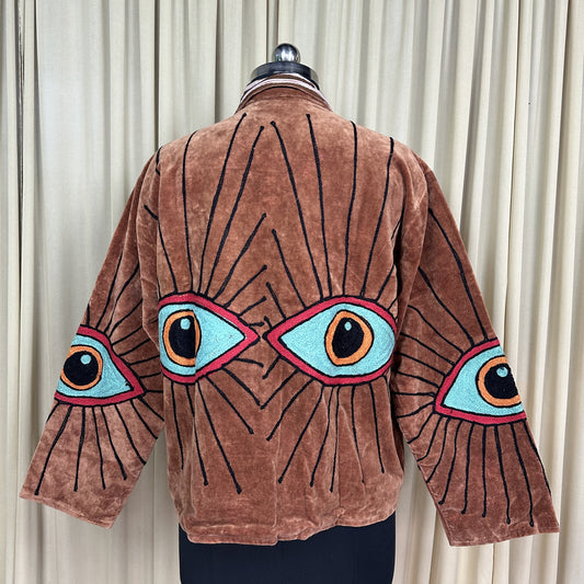 Boho Hand Embroidered Velvet Suzani Jacket | Brown Geometric Open Front Coat Winter Wear Free Size Retro Chic Free Size Robe Blazer for Her