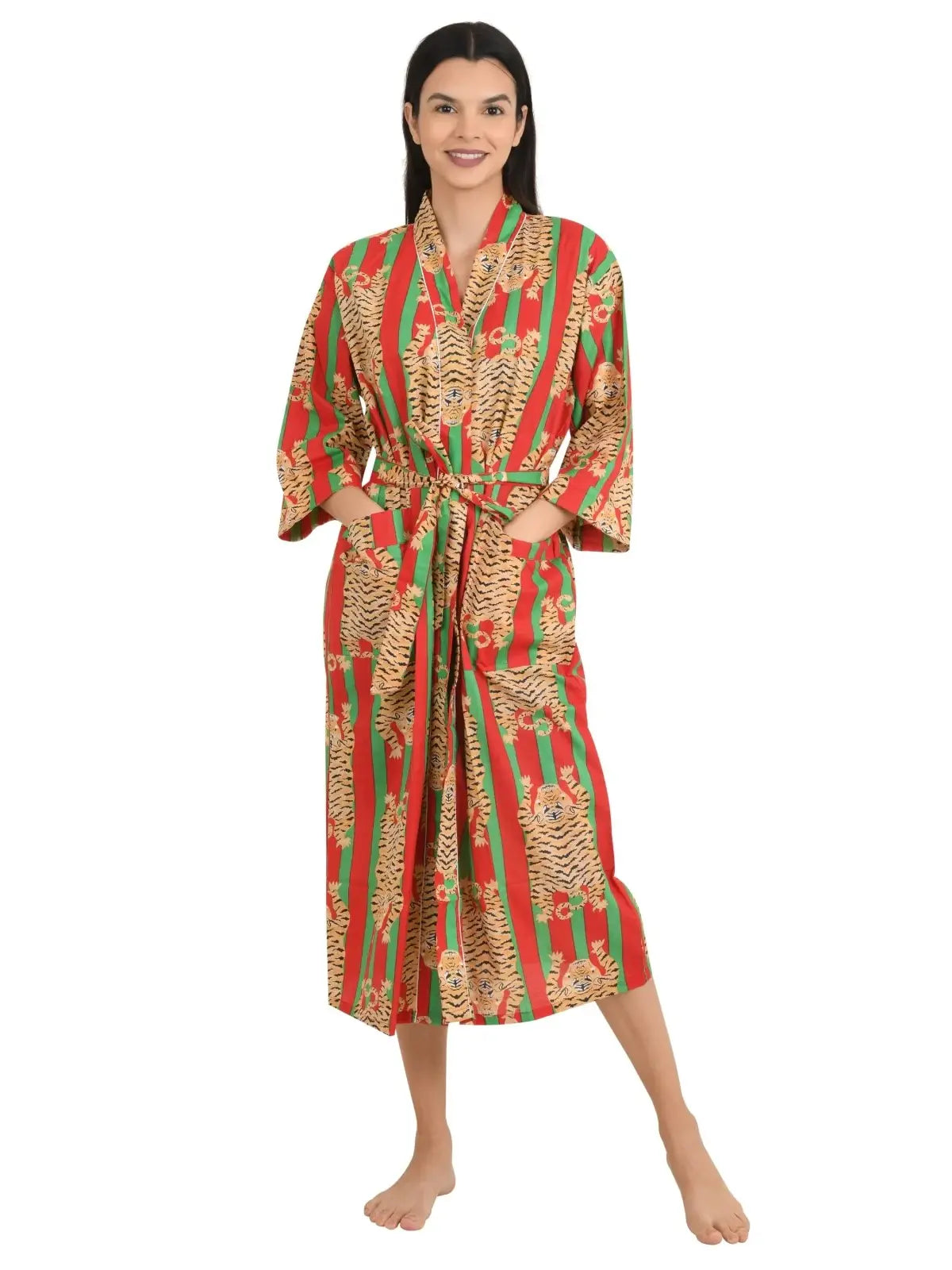 Kimono House Robe Indian Handprinted Strips Cheetah Print Pattern | Lightweight Summer Luxury Beach Holidays Yacht Cover Up Stunning Dress