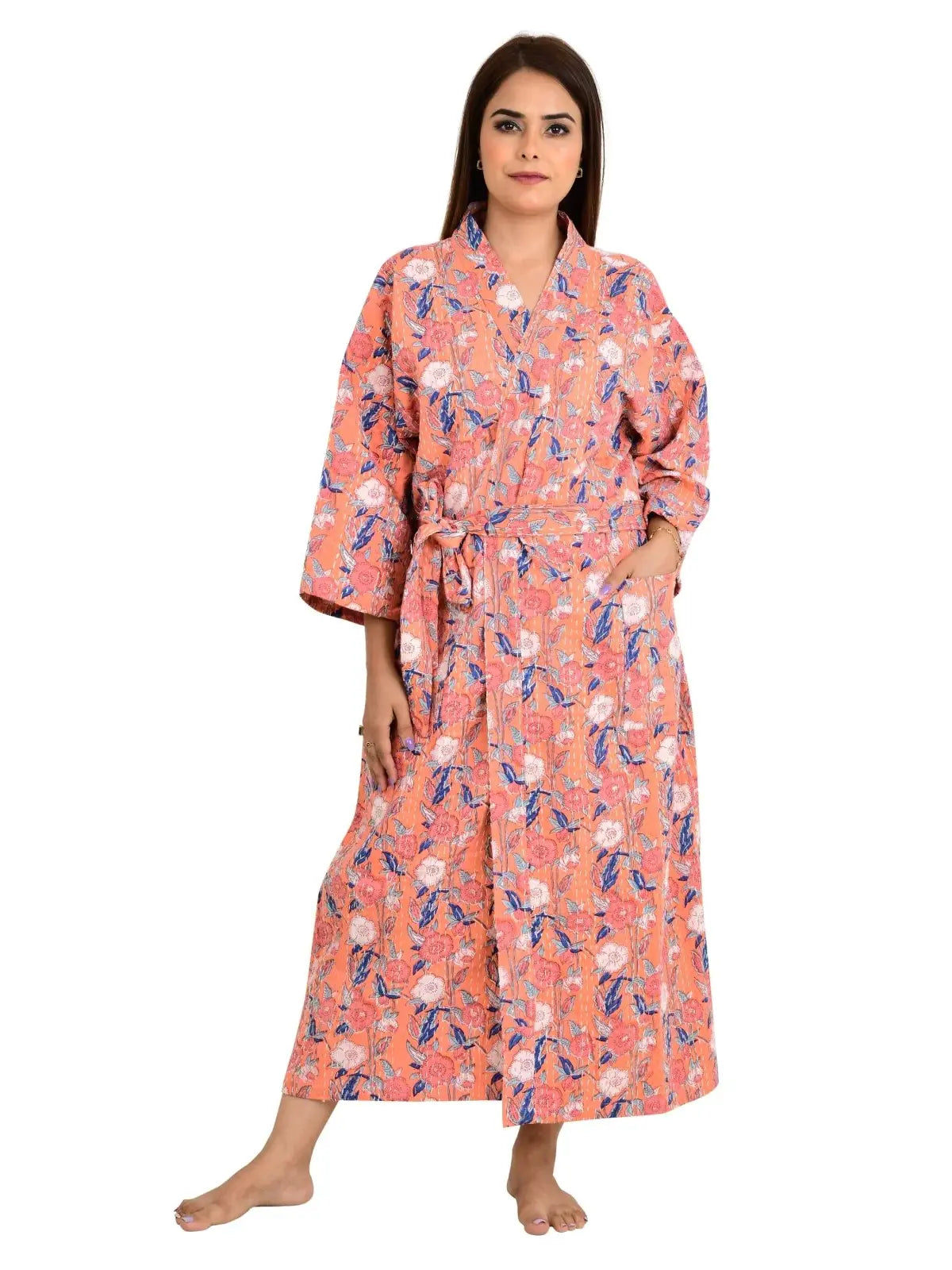 Kantha Stitch 100% Cotton Reversible Long Kimono Women Jacket | Handmade Stitch Robe | Unisex Gift | Peach Floral Print