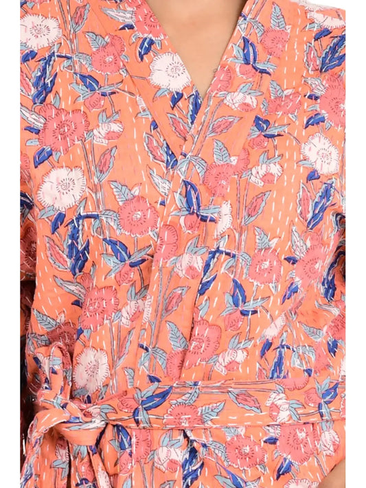 Kantha Stitch 100% Coton Réversible Long Kimono Veste Femme | Robe de point faite à la main | Cadeau unisexe | Imprimé floral pêche