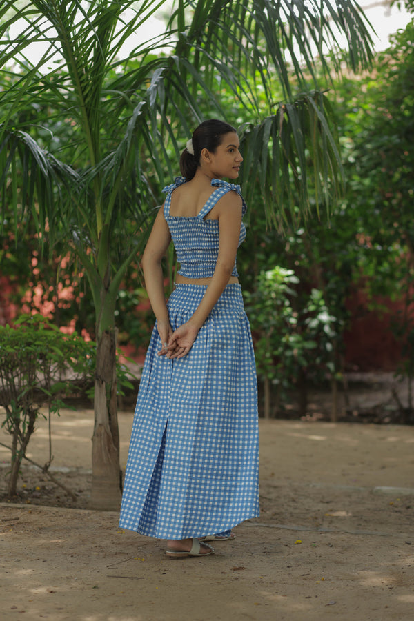 Women Cotton Boho Top and Skirt Set, Indian Hand Block Check Print, Adjustable Tie Straps, Summer Crop top Skirt Matching Set, Vacation Wear Women Cotton Boho Top and Skirt Set, Indian Hand Block Check Print, Adjustable Tie Straps, Summer Crop top Skirt Matching Set, Vacation Wear