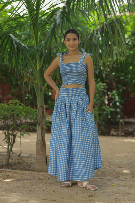 Women Cotton Boho Top and Skirt Set, Indian Hand Block Check Print, Adjustable Tie Straps, Summer Crop top Skirt Matching Set, Vacation Wear