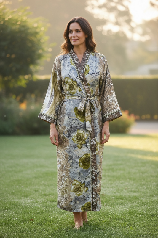 Recycle Silk Sari Women Kimono | Boho Chic Beach Cover Up Vintage Lounge Dressing Robe l Resort Wear Regal Gypsy House Robe | Green Floral