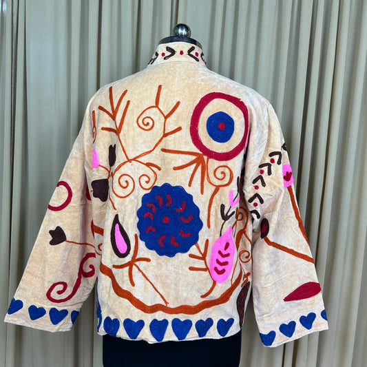 Boho Hand Embroidered Velvet Suzani Jacket, Beige Floral Open Front Coat Winter Wear Free Size Robe Retro Chic Free Size Robe Blazer for Her