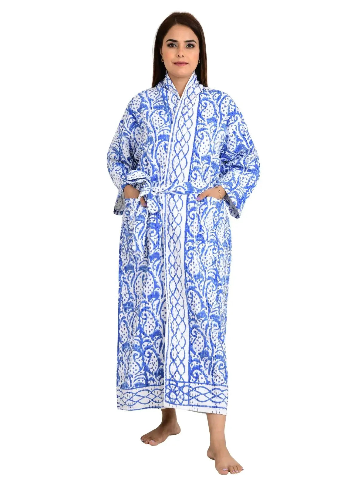 Kantha Stitch 100% Cotton Reversible Long Kimono Women Jacket | Handmade Stitch Robe | Unisex Gift | White Blue Leaf Print